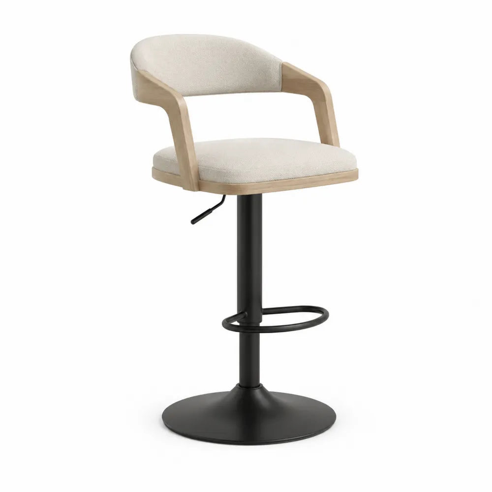 Sgabello da bar in legno di rovere e tessuto beige