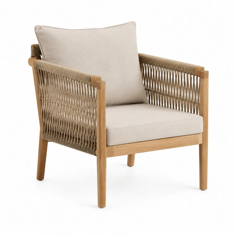Poltrona da esterno in legno e corda poliestere beige