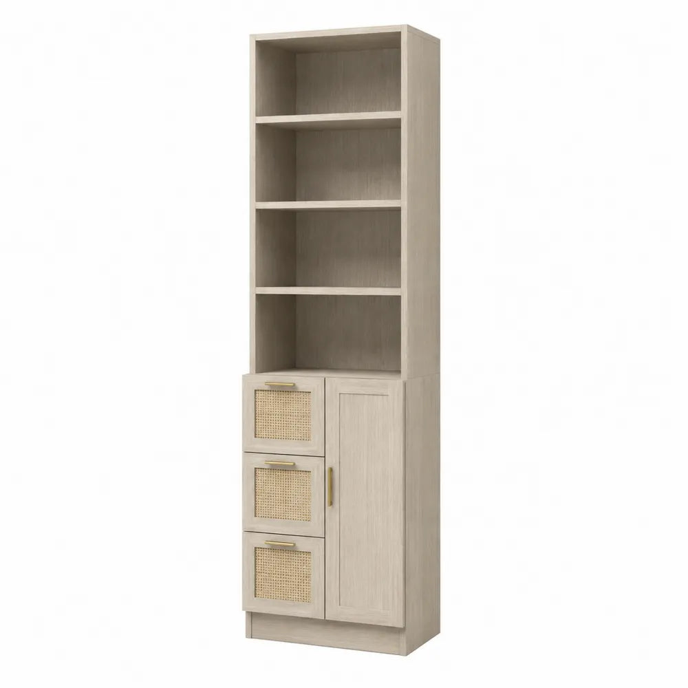 Libreria Alta in Legno con Cassetti in Rattan e Anta 180x60x40cm