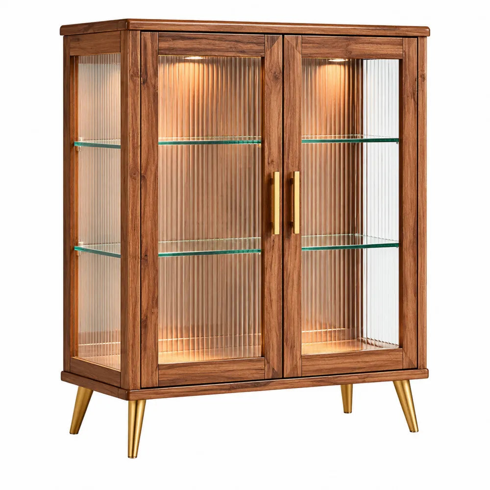 Credenza in legno e vetro temperato marrone con dettagli dorati