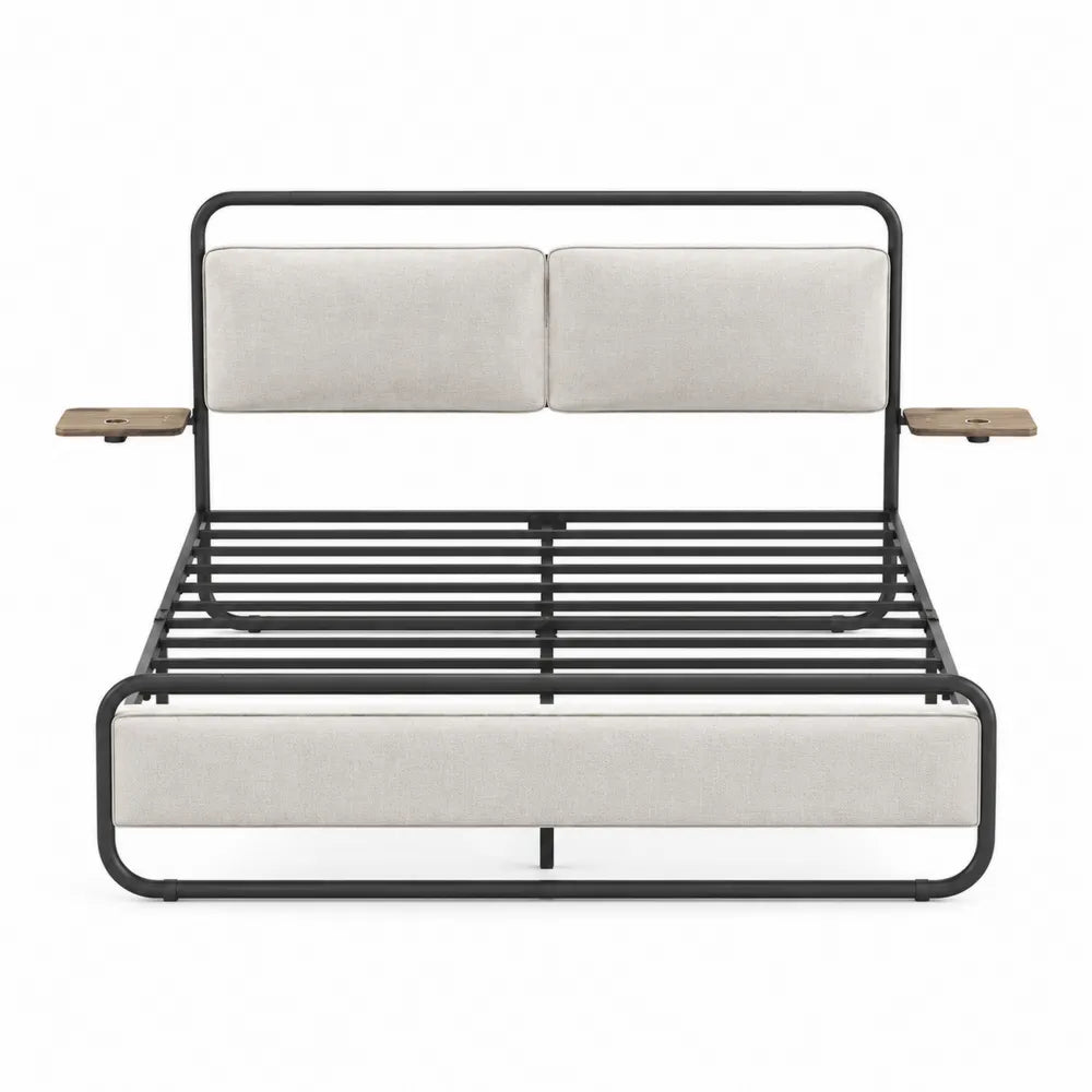 Letto in metallo con poggiatesta in poliestere beige e mensole in legno