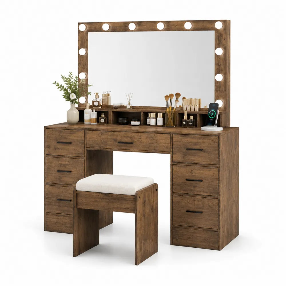 Tavolo da Trucco in Legno Marrone con Specchio LED e Sgabello