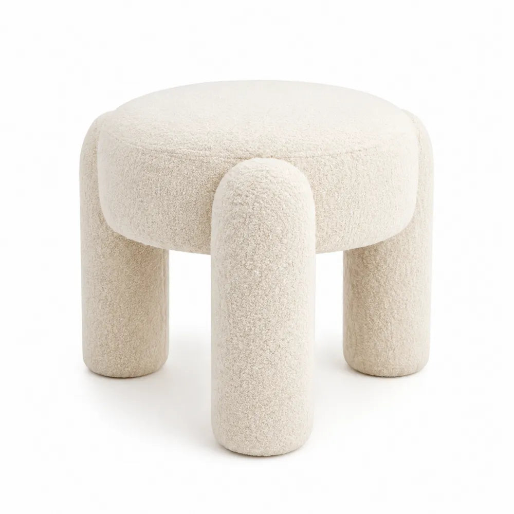 Sgabello rotondo in tessuto bouclé crema