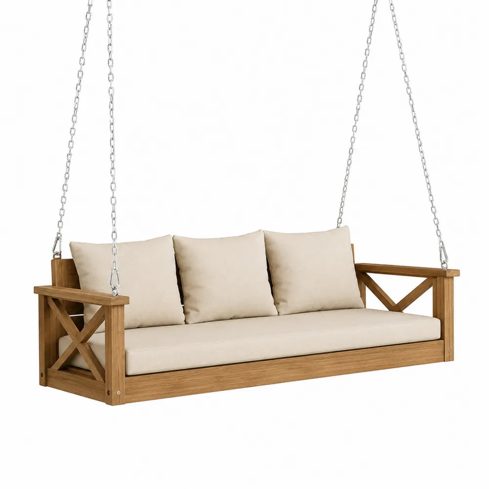 Altalena da esterno in legno con cuscini beige