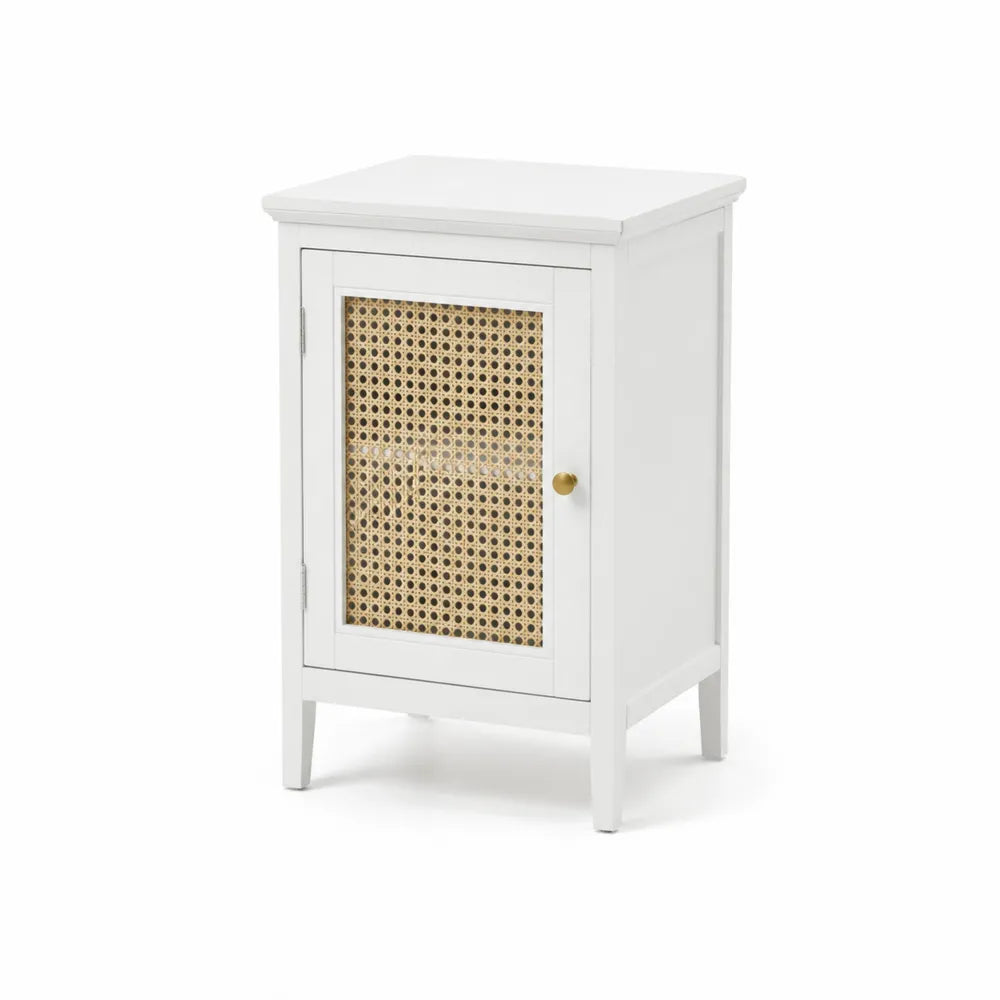 Comodino in Legno e Rattan con Porta a Battente Bianco