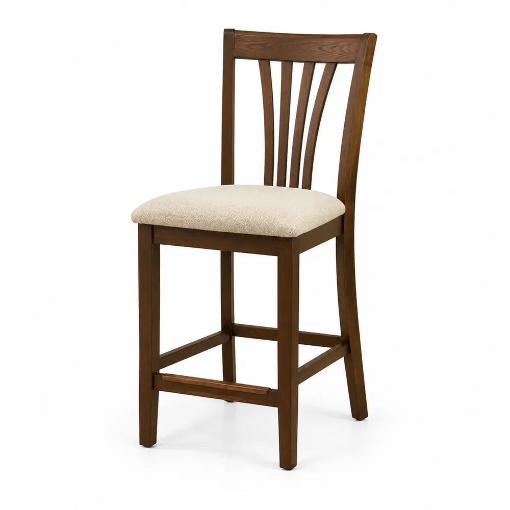 Sgabello in legno massello con seduta in poliestere marrone e beige
