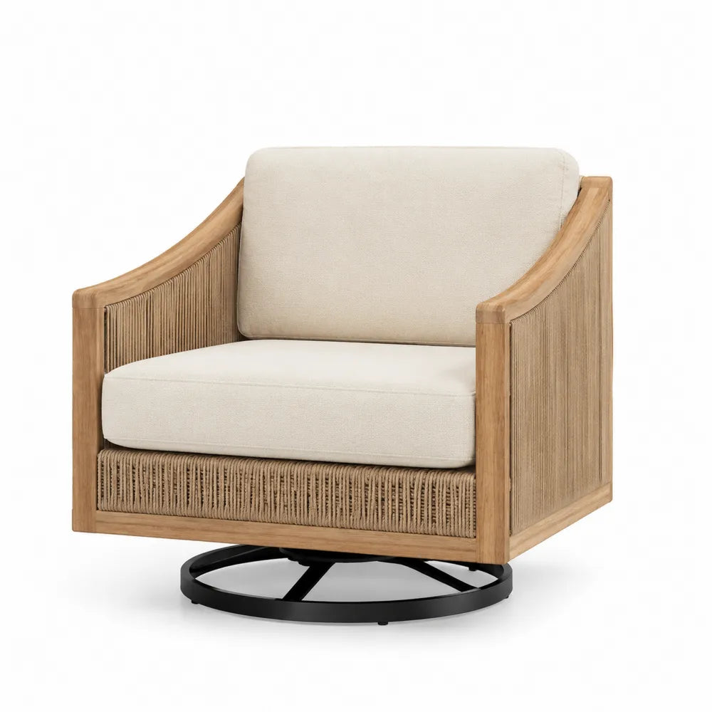 Poltrona girevole da esterno in legno di teak e corde di poliestere beige