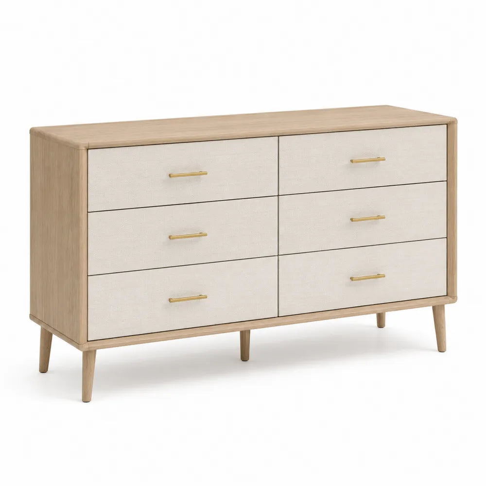 Cassettiera in legno e tessuto beige con sei cassetti