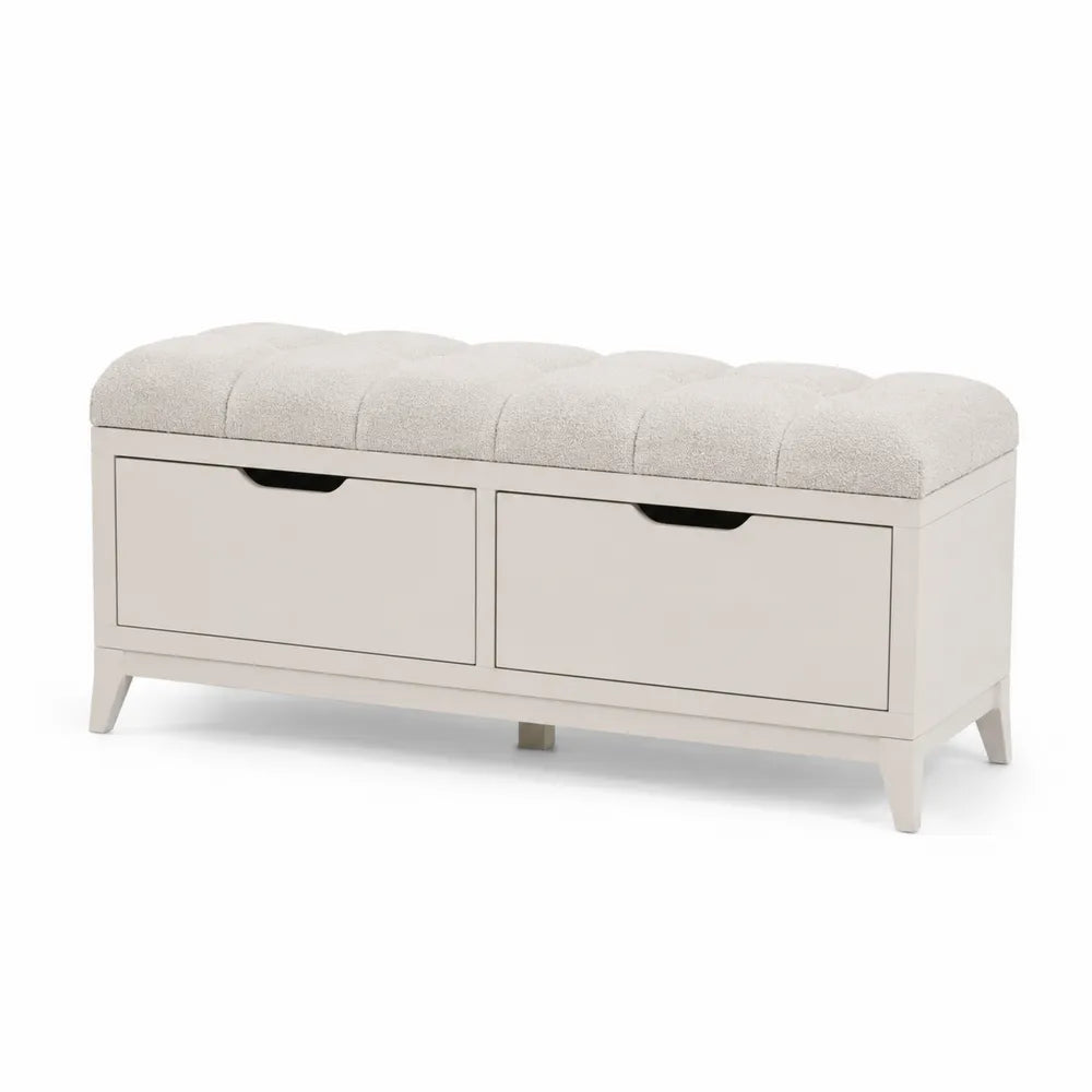 Panca contenitore con cassetti in legno e tessuto bouclé beige 120x40x45 cm