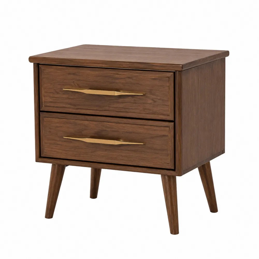 Comodino in legno massello con 2 cassetti color noce