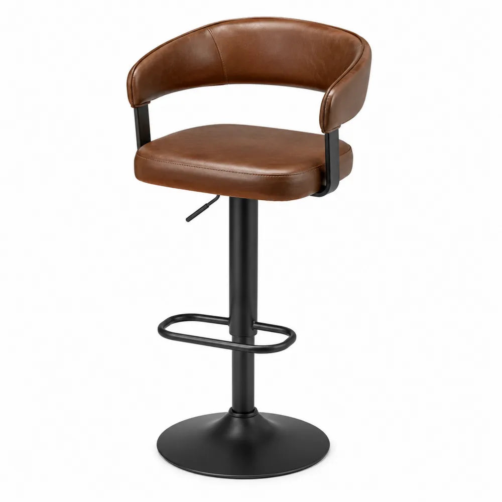 Sgabello da bar in pelle marrone con struttura in metallo nero