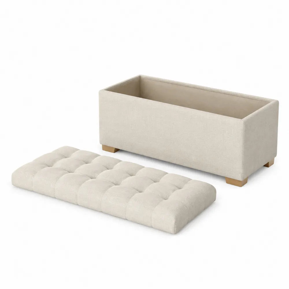 Panca Contenitore in Tessuto Beige con Cuscino Rimovibile