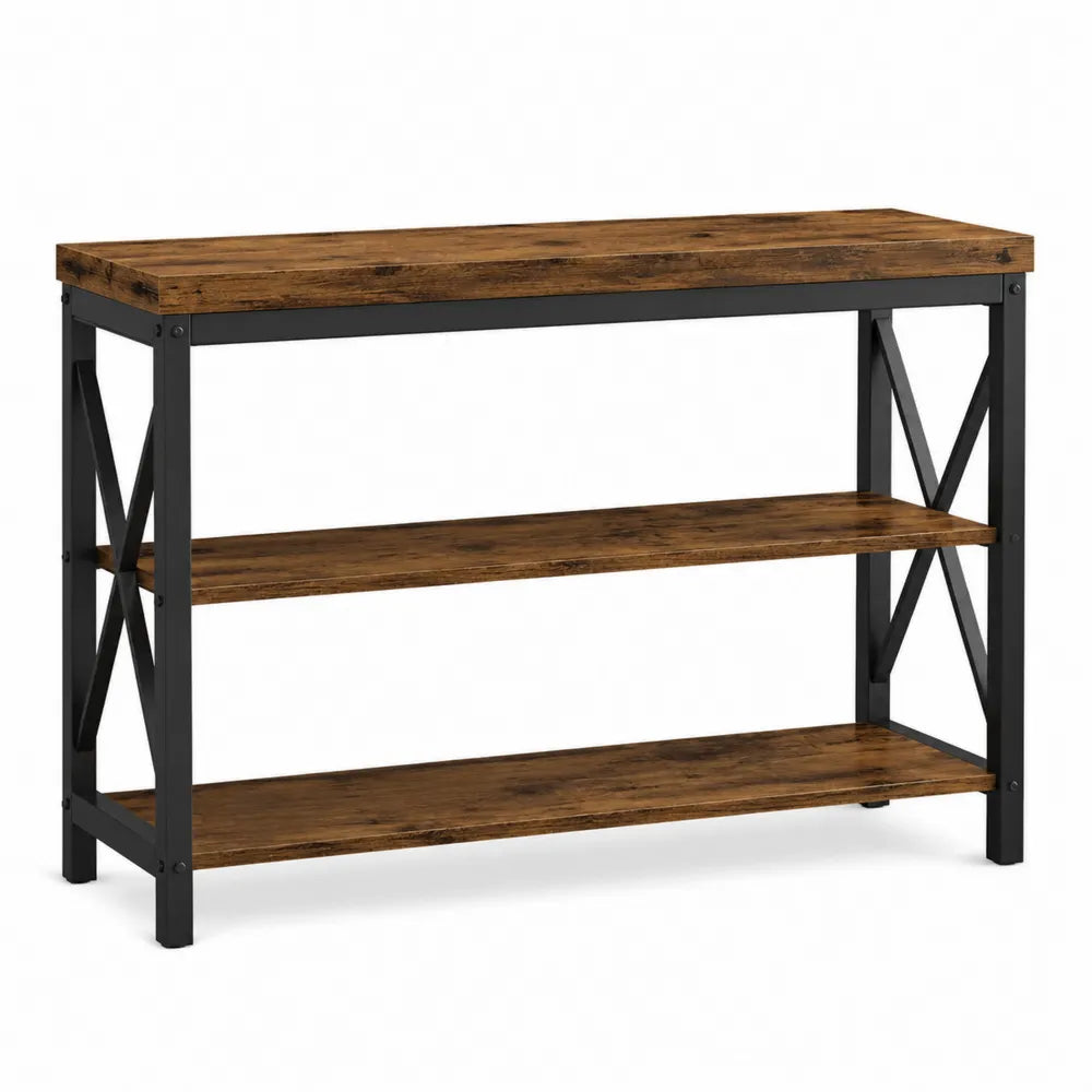 Consolle in legno e metallo con 3 ripiani marrone e nero 100x35x80 cm