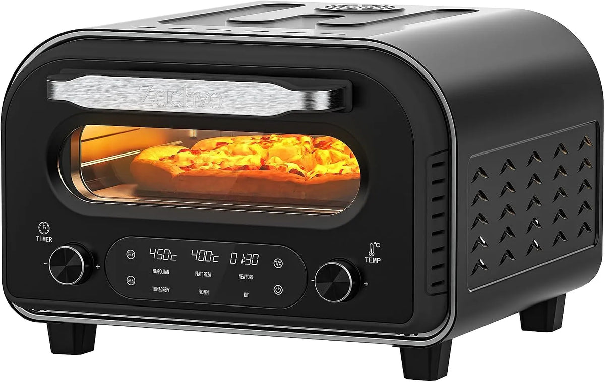 Forno elettrico per pizza, 32 cm, touch, timer, acciaio inox, 5 tipi di pizza preimpostati, Forno per pizza elettrico - fino a 450°C, corpo in acciaio