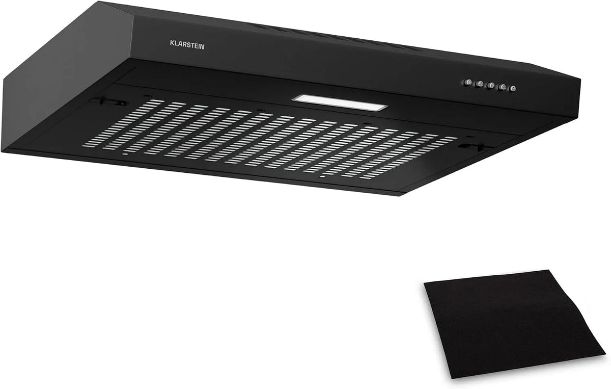 Klarstein Cappa aspirante, 60cm, 200 m3/h, 52 dB, cappa da cucina, nero, LED, SlimVent, ora, Efficienza Energetica A+, Filtro a Carboni Attivi