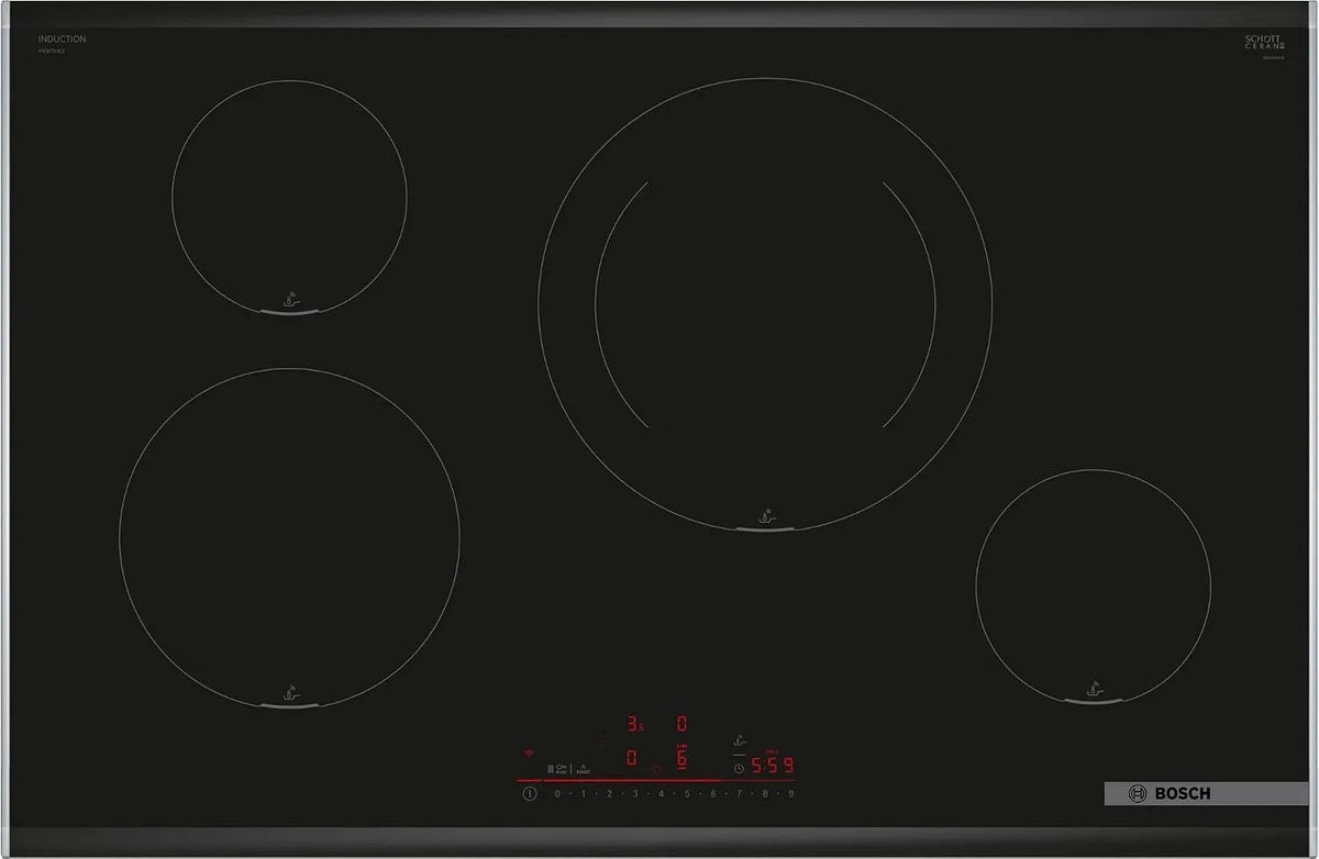 Bosch 80 cm, Piastra a induzione, Serie 6, PIE875HC1E, 4 Zone di cottura, Elettronica DirectSelect, PerfectFry Plus, Home Connect, Nero