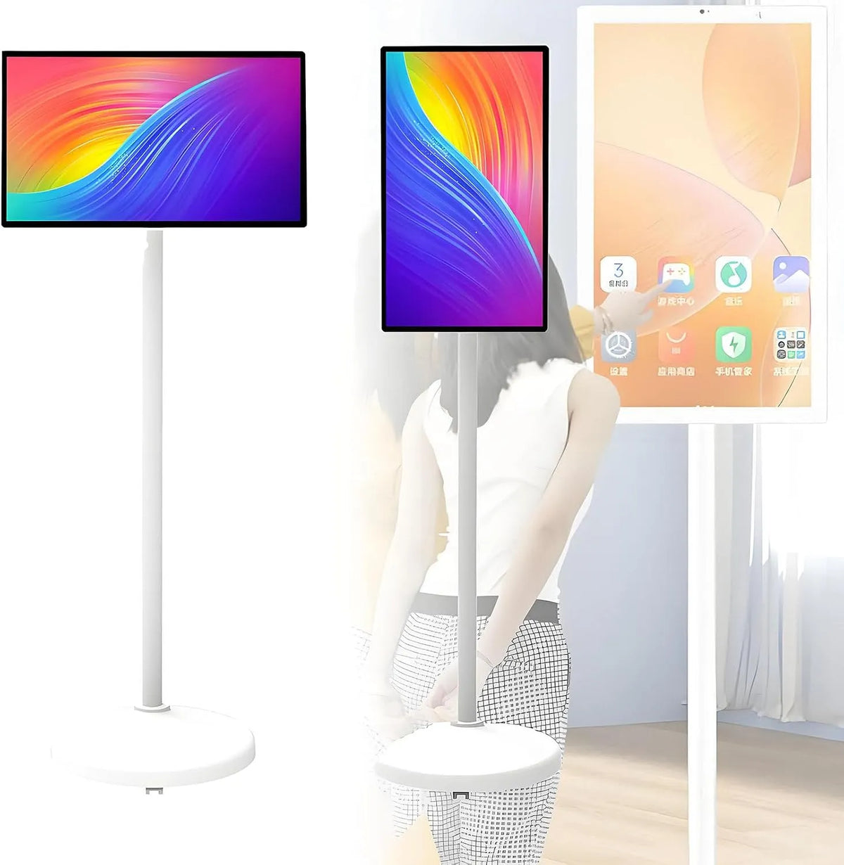 Monitor, 24 pollici, portatile, ruote di trasporto, touch, TV wireless Rolling TV su ruote, rotazione completa girevole, batteria integrata