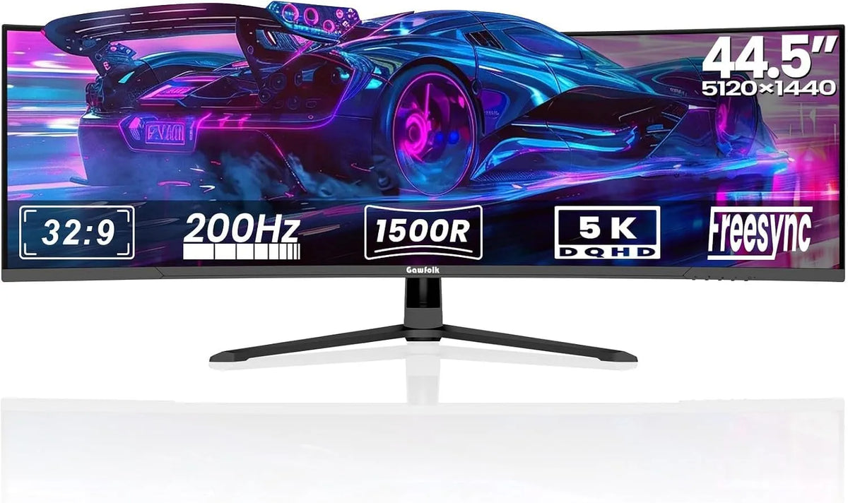 Monitor 1500R, 44.5 pollici, 5120 × 1440, 200 Hz, 2 HDMI, funzioni gaming, pannello VA, schermo PC, 2x DP 1, PBP/PIP, Gawfolk Monitor Curvo 44.5'