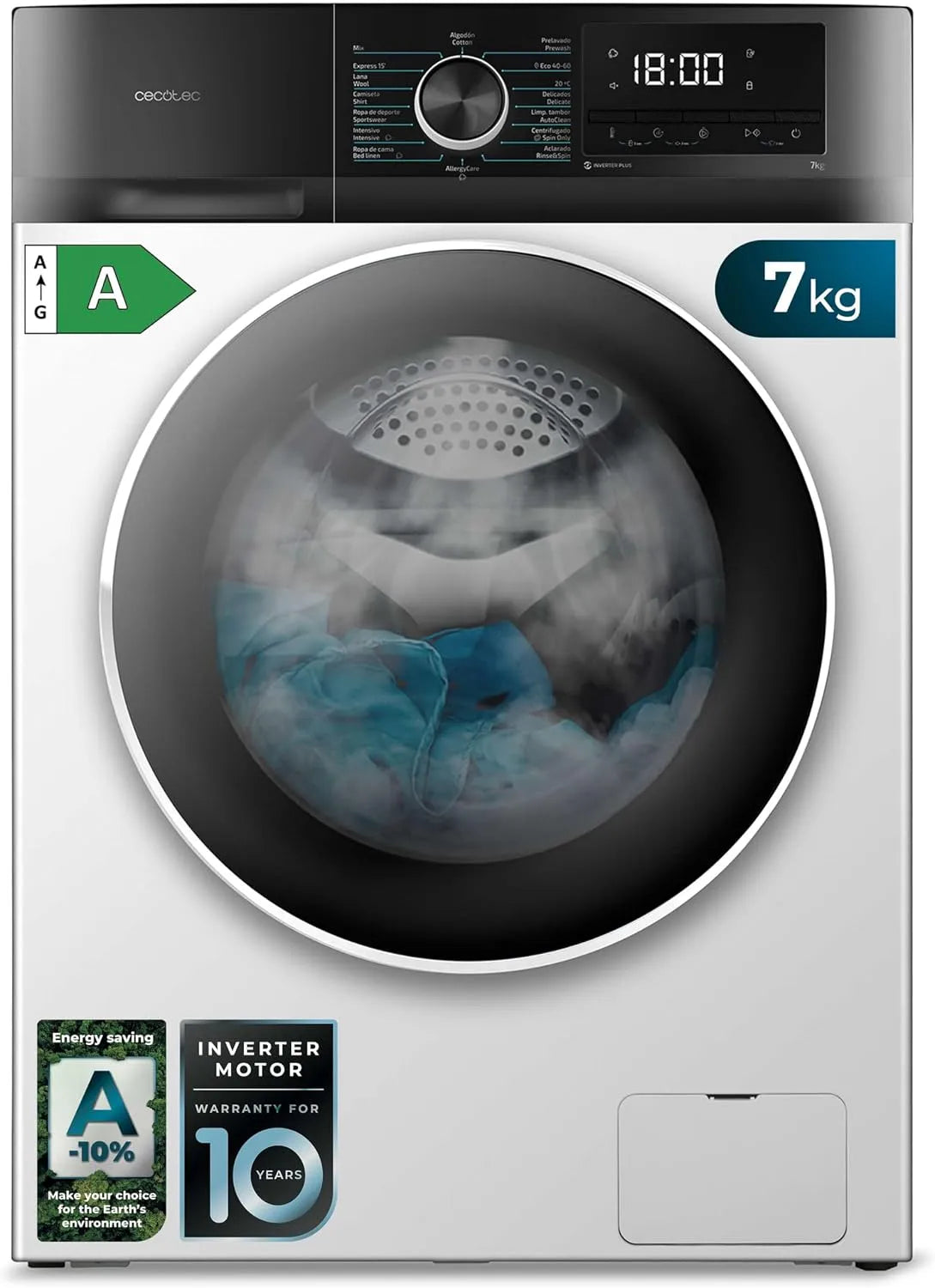 Cecotec Bolero Dresscode 7410 Lavatrice, 1850 W, 16 programmi, 7 kg, Inverter, vapore, 1200 giri, min Regolabile, Bassi Consumi, Sterilizzazione