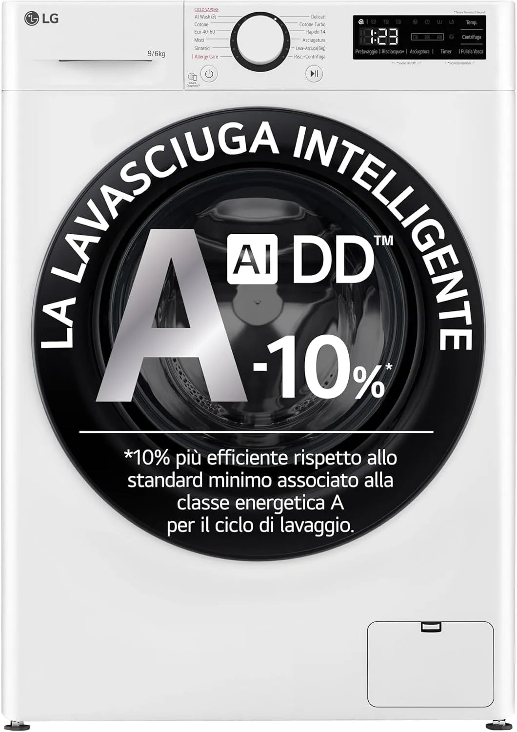 LG D4R3009NSWB Lavasciuga, 6 kg, classe energetica A, lavatrice, asciugatrice, vapore, Inverter, bianco, 1400 giri, 6kg Serie R3 Classe A-10%
