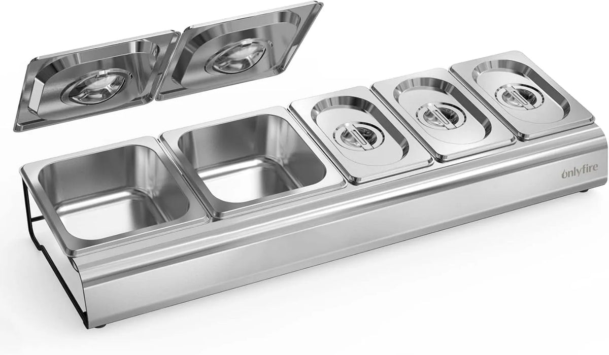 Prodotto Sei Scatola di Condimento per Pizza in Acciaio Inox Estraibili con Coperchio, onlyfire Portacondimenti, 66 × 22 × 10 cm