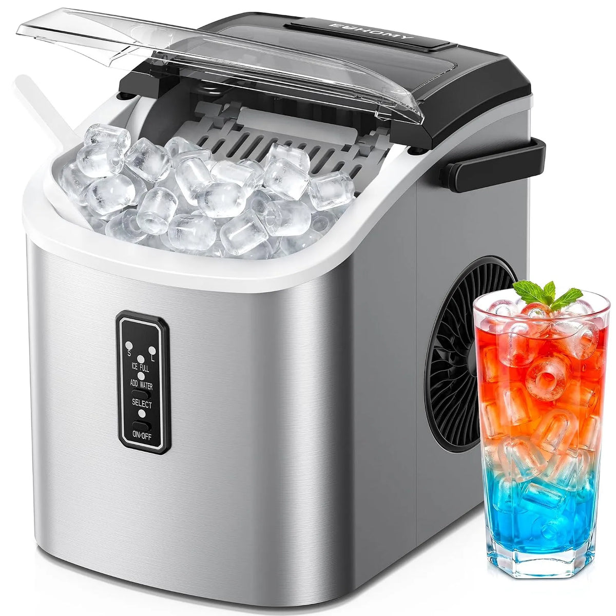 Macchina del ghiaccio 12kg, 24h, acciaio inox, Ice Maker Autopulente con 9 Cubetti in 6 Minuti, Acciaio Inossidabile, Macchina per il Ghiaccio Casa