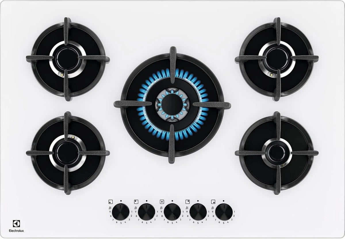 Electrolux EGG75372W Piano cottura a gas, 75 cm, 5 fuochi, ghisa, fornello a gas, bianco