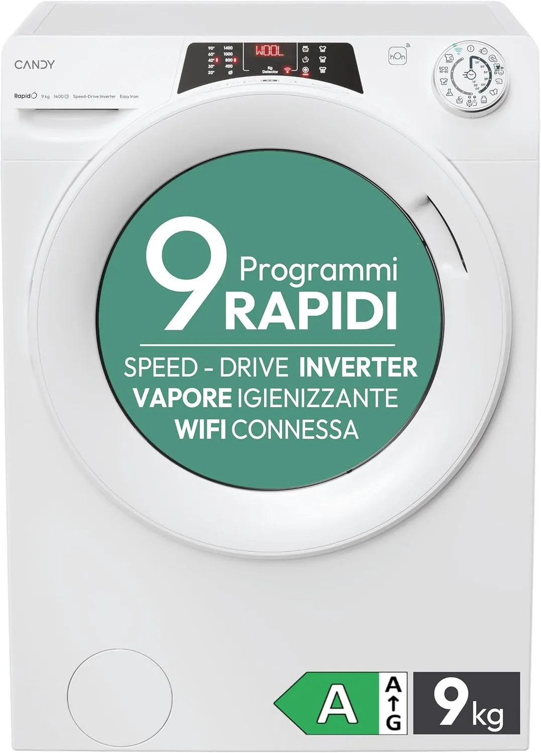 Candy 1294DWMSE/1-S Lavatrice, 60x53x85 cm, 9 kg, classe energetica A, Wi-Fi, vapore, bianco, 1200 Giri, Wi-Fi + BLE, Connesso, Quick&Clean