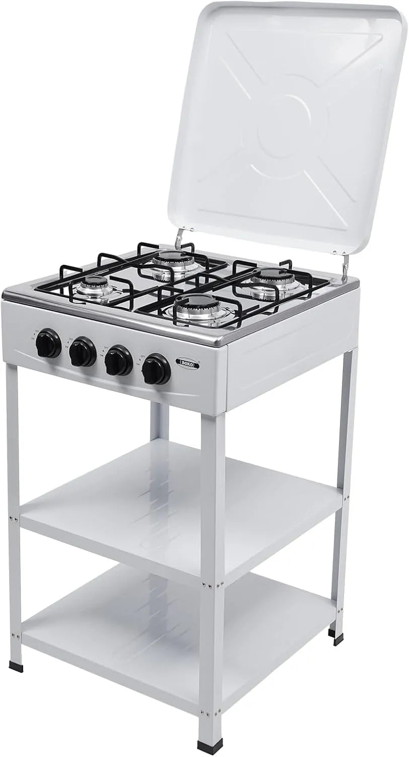 Prodotto Fornello Da Cucina Con Supporto, Cucina A Gas 4 Fuochi Bianca, Coperchio E 2 Ripiani, Compatta E Robusta, Ideale Per Casa, Campeggio E Uso