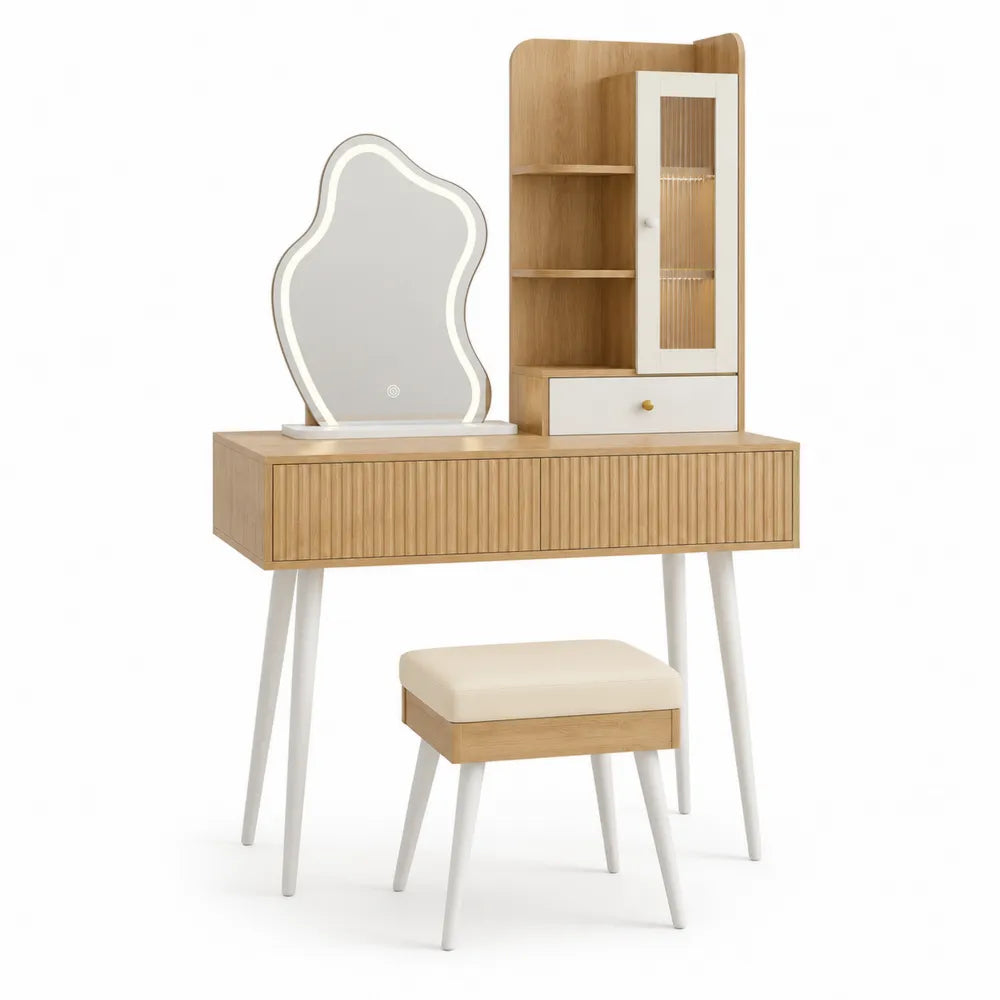 Toletta in legno e metallo con specchio LED e sgabello, rovere e bianco