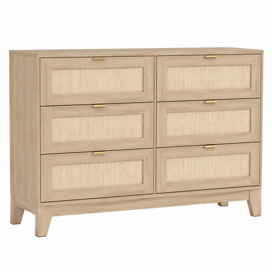 Cassettiera in legno di rovere e rattan con 6 cassetti