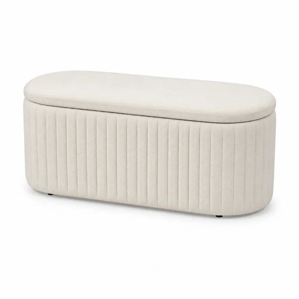 Panca contenitore in tessuto beige con struttura in legno MDF