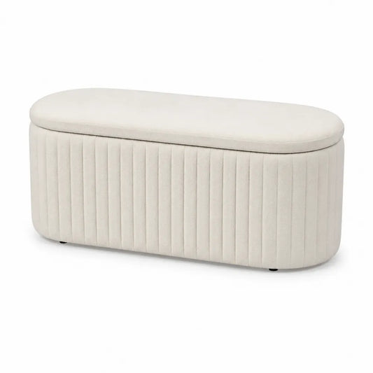 Panca contenitore in tessuto beige con struttura in legno MDF