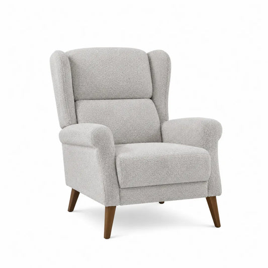 Poltrona in tessuto grigio con gambe in legno