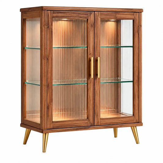 Credenza in legno e vetro temperato marrone con dettagli dorati