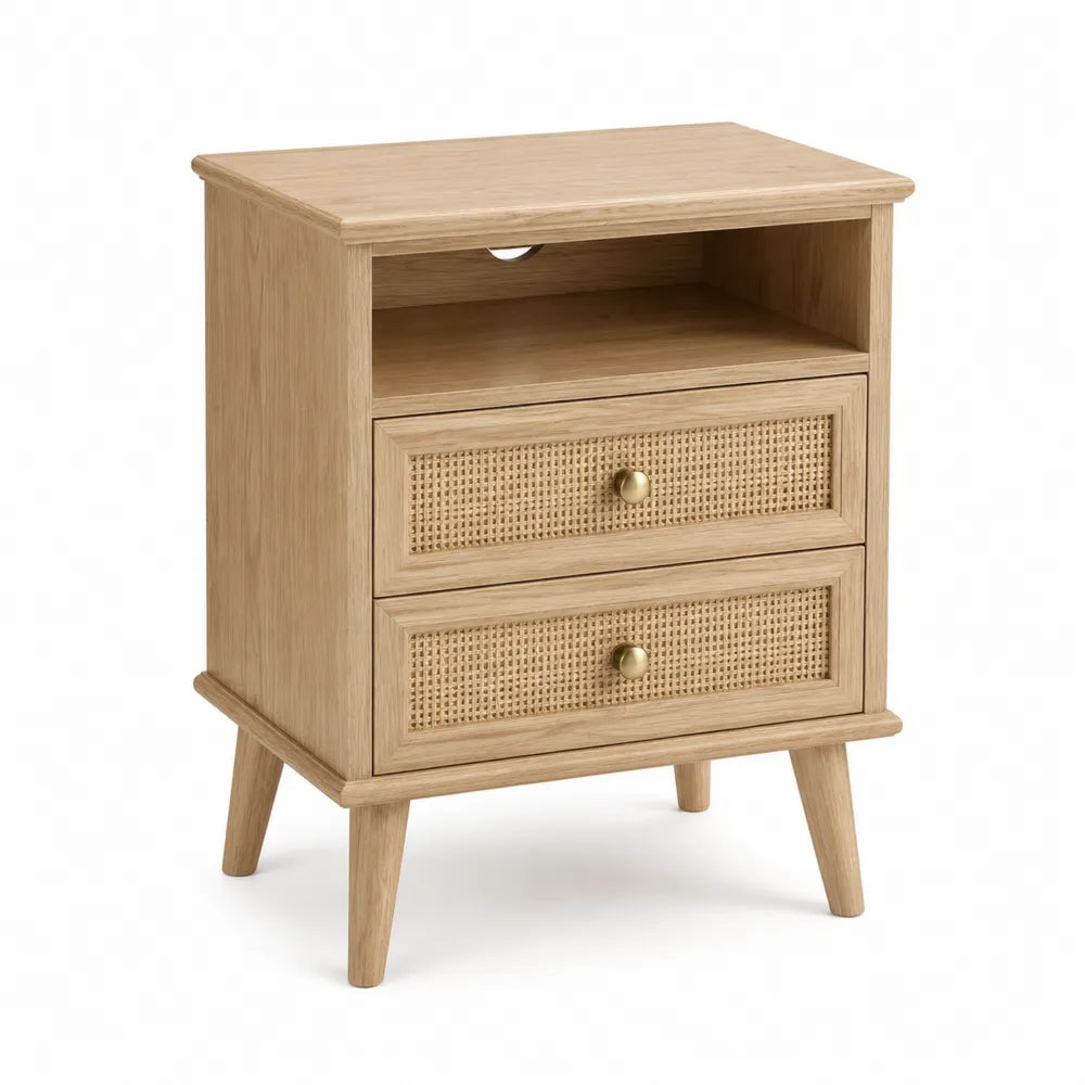 Comodino in Legno con Cassetti in Rattan