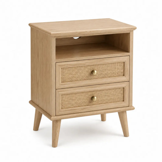 Comodino in Legno con Cassetti in Rattan