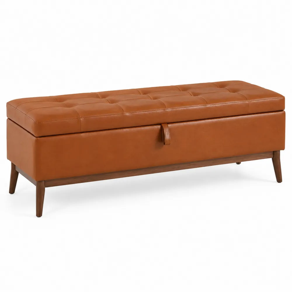 Panca contenitore in pelle sintetica marrone con gambe in legno