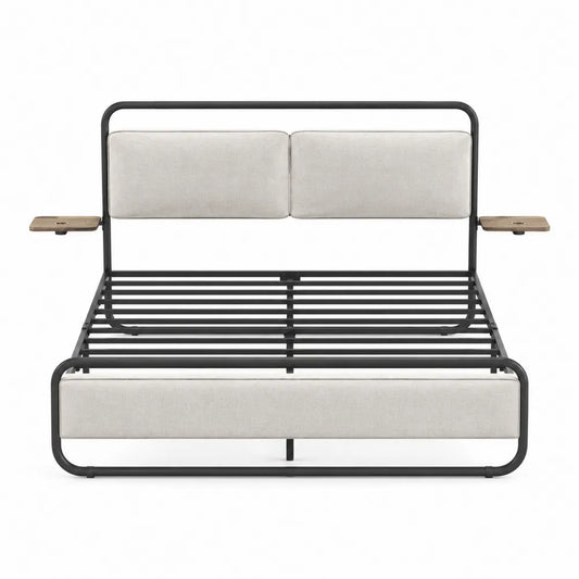 Letto in metallo con poggiatesta in poliestere beige e mensole in legno