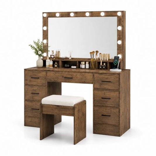 Tavolo da Trucco in Legno Marrone con Specchio LED e Sgabello
