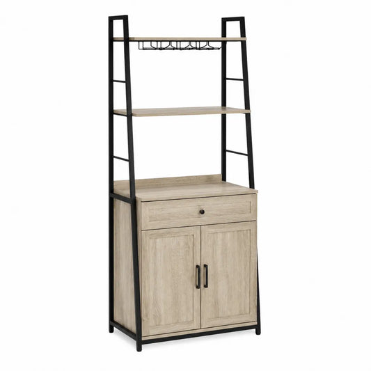 Armadio scaffale in legno e metallo nero con mensole e cassetto