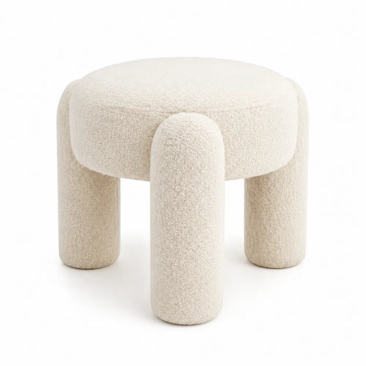 Sgabello rotondo in tessuto bouclé crema