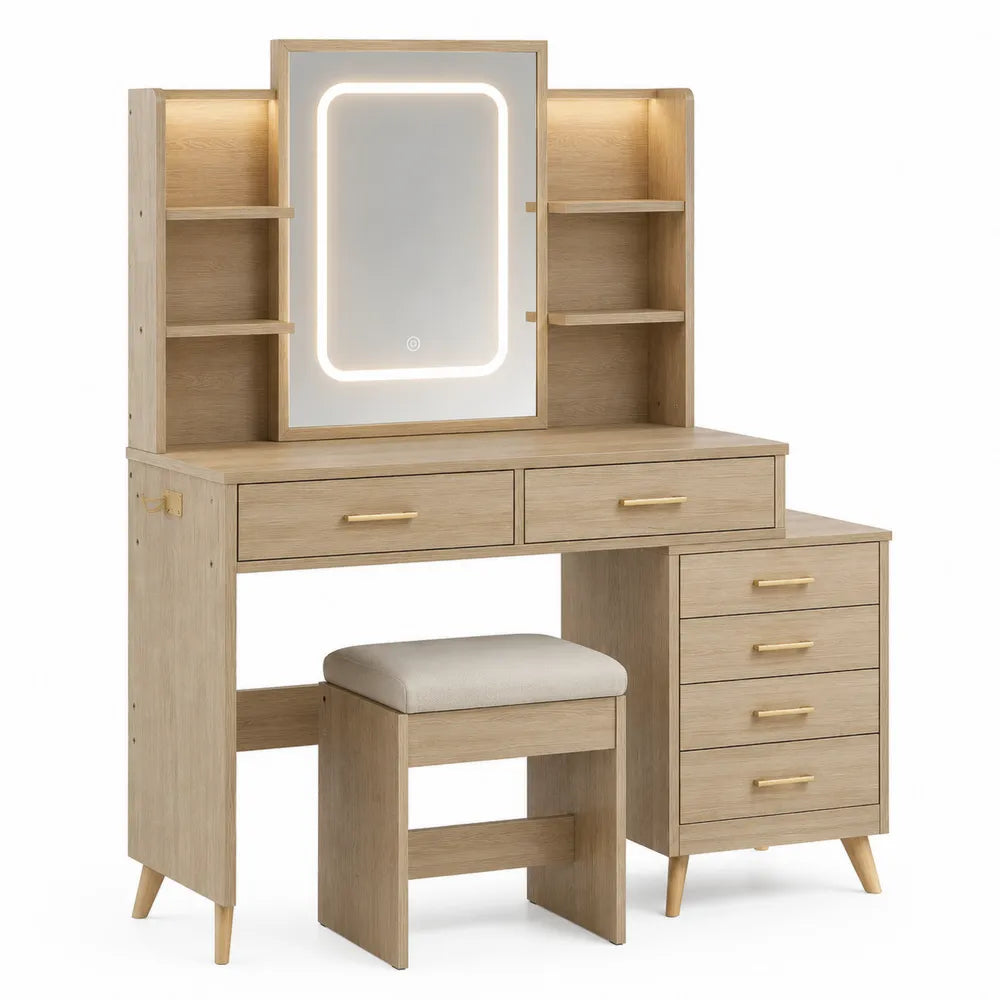 Toletta in Legno MDF con Specchio LED e Sgabello Imbottito