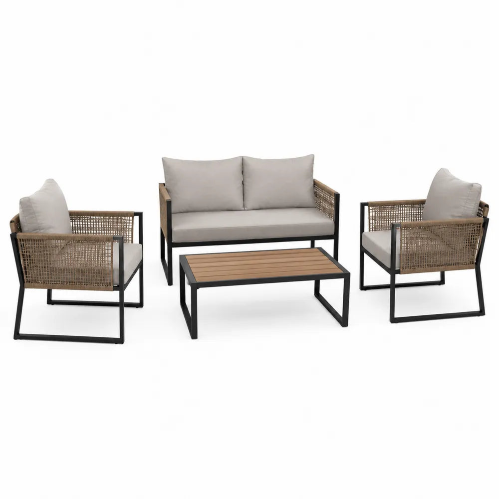 Set mobili da giardino in metallo e rattan sintetico con cuscini grigi, 4 pezzi