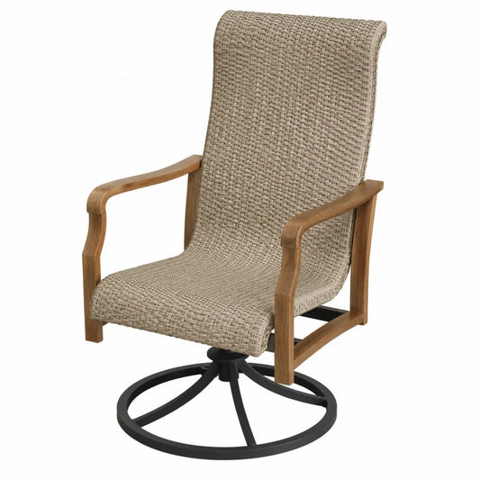 Sedia girevole da esterno in legno e metallo con tessuto sintetico beige