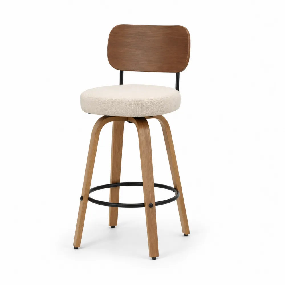 Sgabello da bar in legno e metallo con seduta in tessuto beige