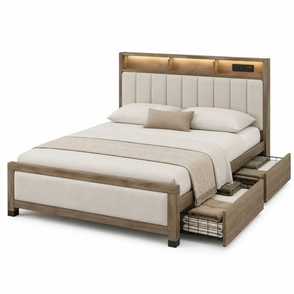 Letto matrimoniale in legno con tessuto beige e cassetti estraibili