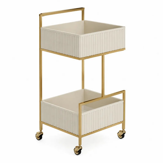 Carrello a due ripiani in metallo dorato e plastica avorio