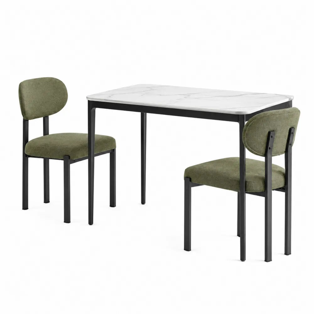 Set Tavolo Rettangolare in Legno con Effetto Marmo e 2 Sedie in Tessuto Verde