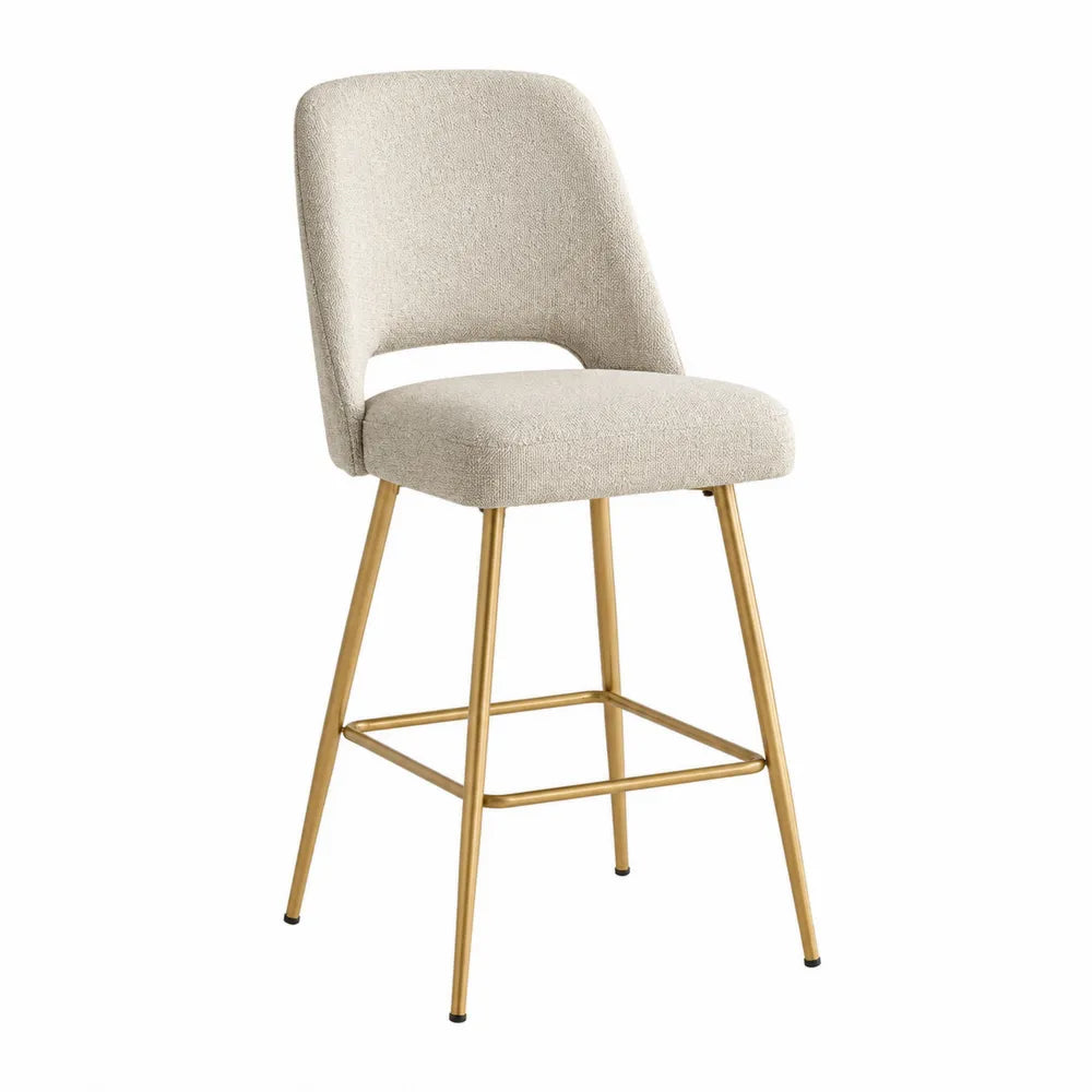 Sgabello in tessuto poliestere beige con struttura in metallo dorato